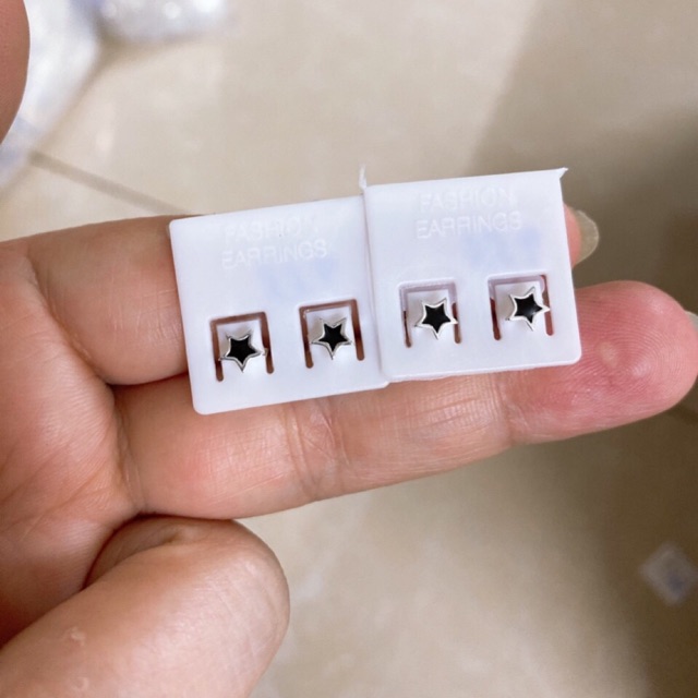 Khuyên tai nụ sao tim tròn màu đen bạc thật cao cấp NGỌC MẬU