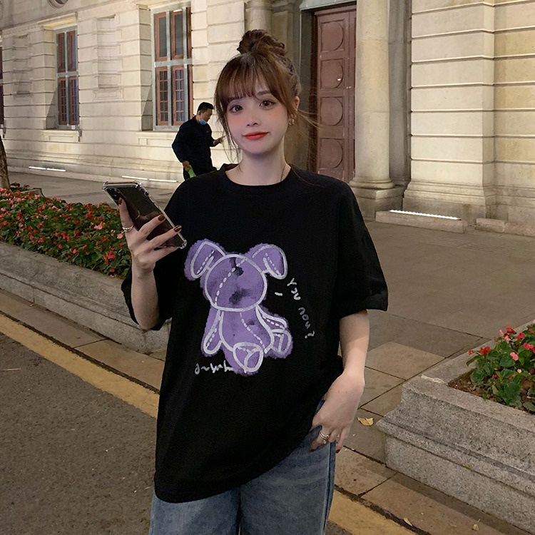 NRVP Áo thun tay ngắn cổ tròn mềm mại in họa tiết phong cách Hàn Quốc thời trang cho nữ