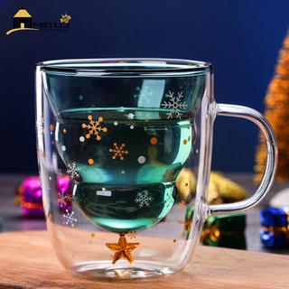 FBYUJ- Christmas Tree Event Cup Star Water Double-Layer Glass Mugs for Cocktail Wine