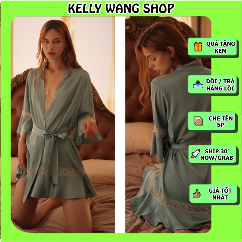 Sx 735 áo choàng lụa phối ren - đồ ngủ sexy gợi cảm -KellyWang