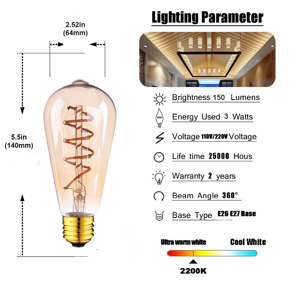 E27 Đèn bàn bằng gỗ Trang trí nội thất ST64 G95 3W Sprial Filament Bóng đèn 220V để bàn bằng gỗ Đèn đầu giường EU phích cắm Đế cắm Ổ cắm