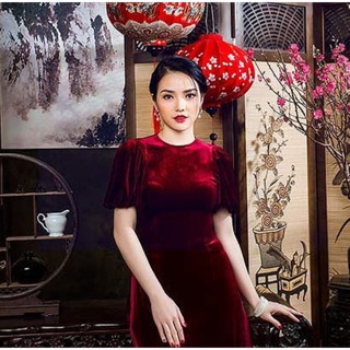 Set Áo dài nhung cách tân tay phồng đỏ thẫm💕💃🏻 cực duyên dáng xinh xắn người ơiiii!❗️