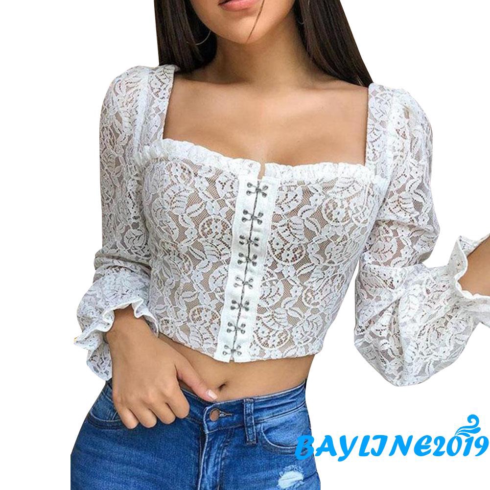 Áo Croptop Cổ Chữ U Phối Ren Màu Trơn Quyến Rũ Dành Cho Nữ