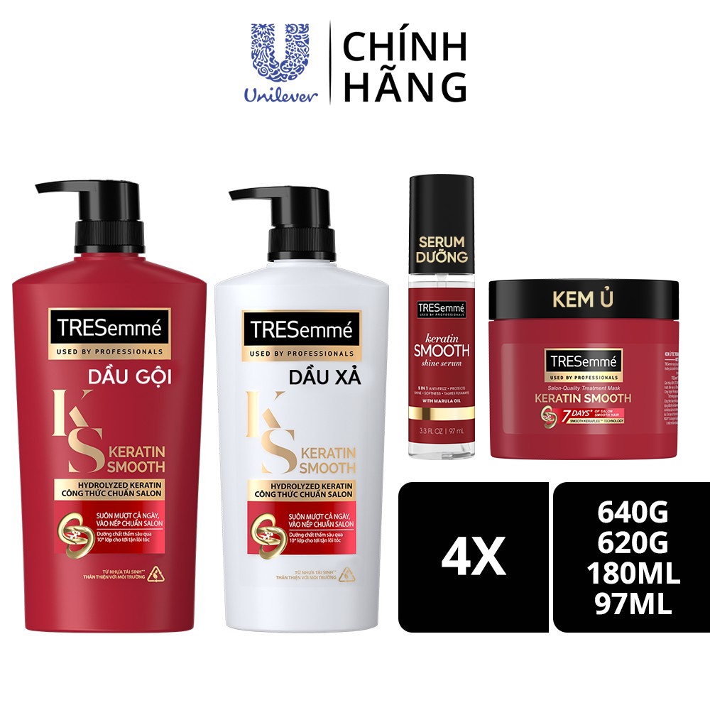 Combo Dầu Gội, Dầu Xả, Kem Ủ, Serum TRESEMME Keratin Smooth Cho tóc khô xơ rối Vào Nếp Suôn Mượt 640g, 620g, 180ml, 97ml