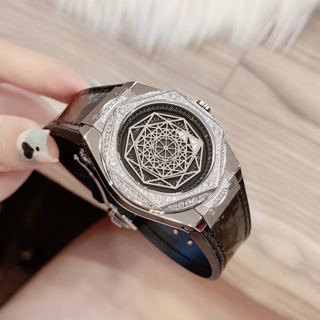 Đồng Hồ Huboler Hanboro Nữ Dây Silicon Bọc Da Đen Silver Authentic 38mm