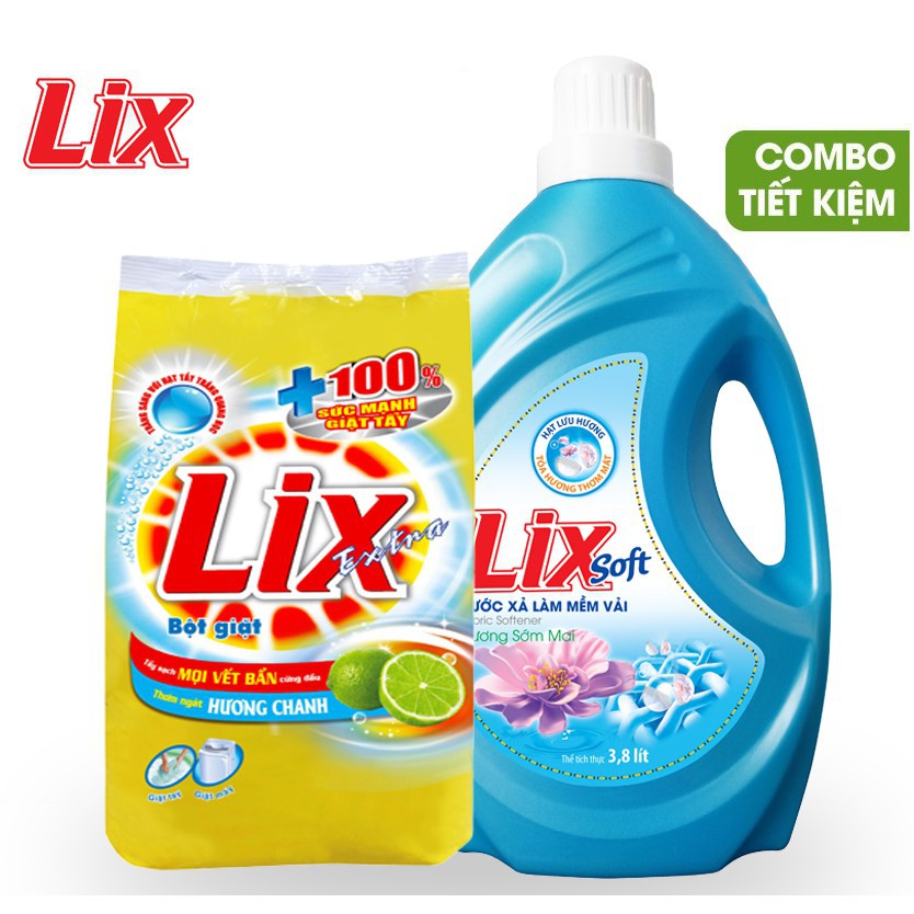 Combo Bột giặt Lix  hương chanh 6Kg + Nước xả vải Lix Soft hương sớm mai 3.8L