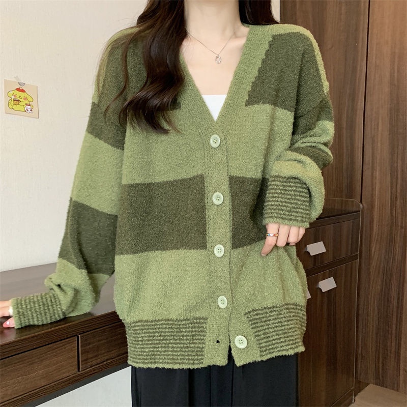 Áo Khoác Len Cardigan Mềm Mại Dáng Rộng Họa Tiết Kẻ Sọc Thời Trang Mùa Thu Cho Nữ