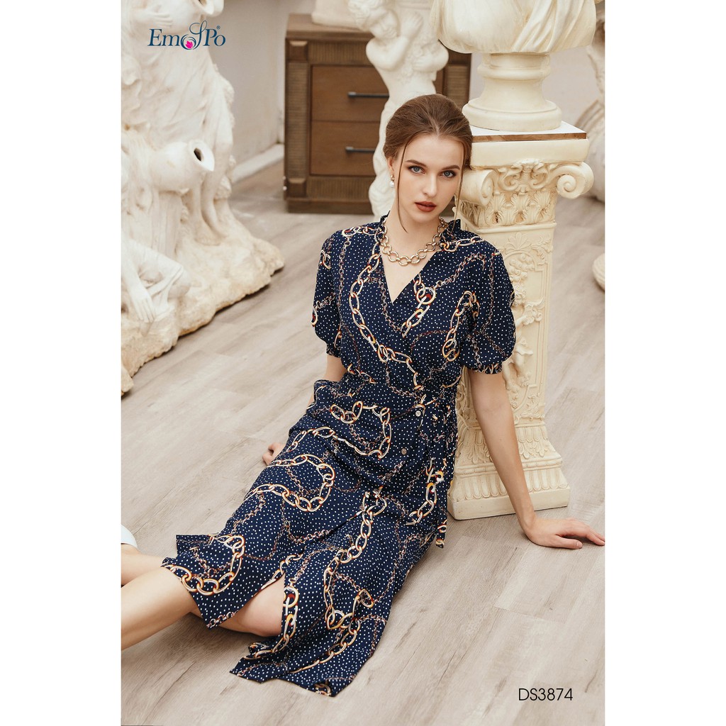 Đầm xòe họa tiết, thắt đai eo, tay bồng phối chun Emspo DM3874 (Tím than, Vàng)