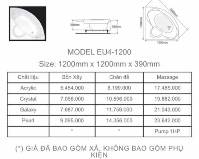 BỒN TẮM GÓC EUROCA  - MODEL EU4 - 1200 - BẢO HÀNH 3 NĂM