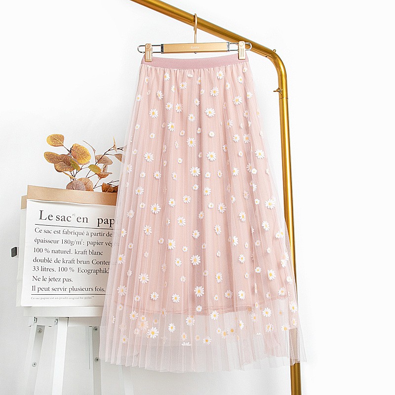 Chân váy tutu voan lưới màu xanh be hồng đen họa tiết cúc họa mi dễ thương đủ size phong cách Hàn Quốc nữ tính