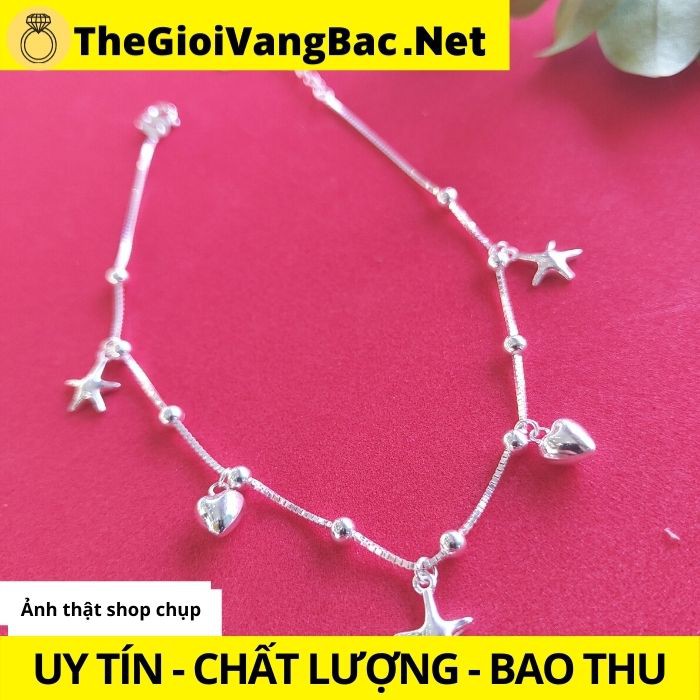 Lắc chân bạc cho bé họa tiết trai tim và ngôi sao