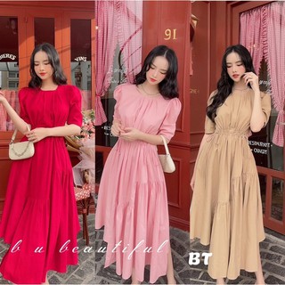 Đầm tay phồng dây rút eo
