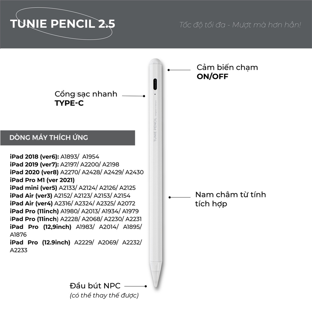 Bút cảm ứng Tunie Pencil chuyên dùng cho iPad 2018 trở lên, có thể tỳ tay