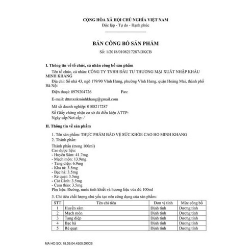 Cao ho Minh Khang tiêm đờm, hết viêm họng, hết ho, chai 100ml