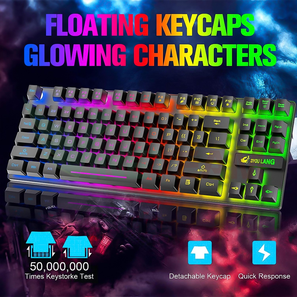 Combo Phím Chuột Cho Máy Tính Không Dây Gaming Có Đèn Led Pin Sạc T87 Tặng Kèm Lót Chuột Game -dc4749