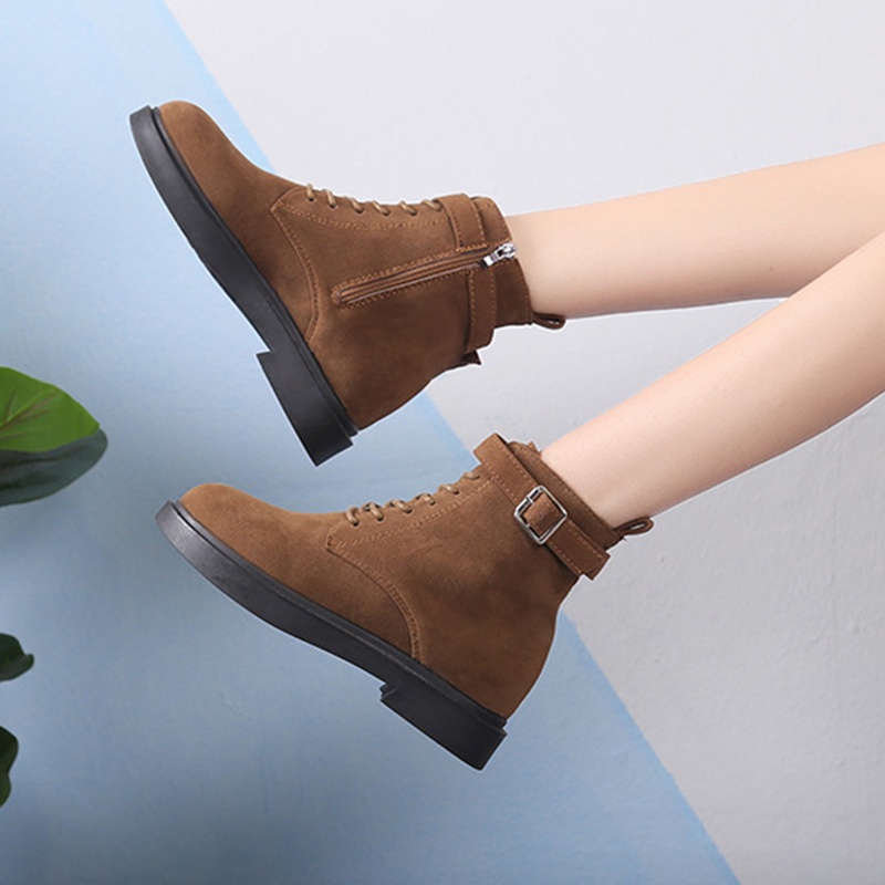 Giày boot IELGY ống da lộn có dây buộc khóa gài đế bằng phong cách Hàn Quốc thời trang cho nữ