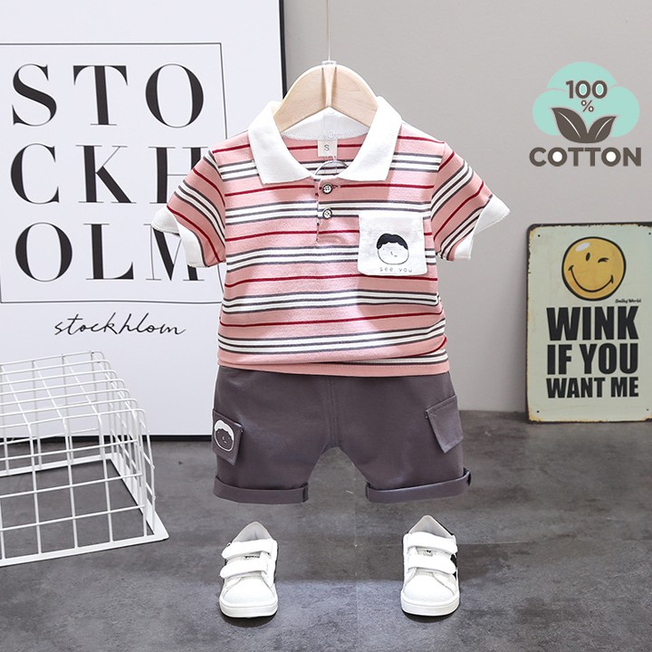 Bộ áo bé trai HUQIQI kết hợp quần short cho bé từ 1 đến 8 tuổi chất cotton hàn quốc hàng xuất khẩu âu mỹ