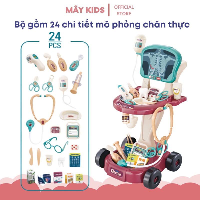 Bộ đồ chơi bác sĩ cao cấp 24 chi tiết kèm xe đẩy, đồ chơi nhập vai bác sỹ cho bé trai bé gái từ 3 tuổi trở lên