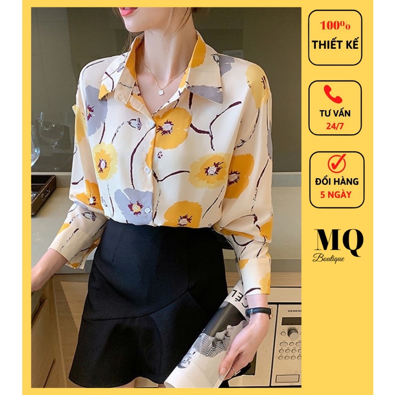 Áo sơ mi nữ hoa vàng, sơ mi lụa cao cấp công sở đẹp thiết kế MQ BOUTIQUE