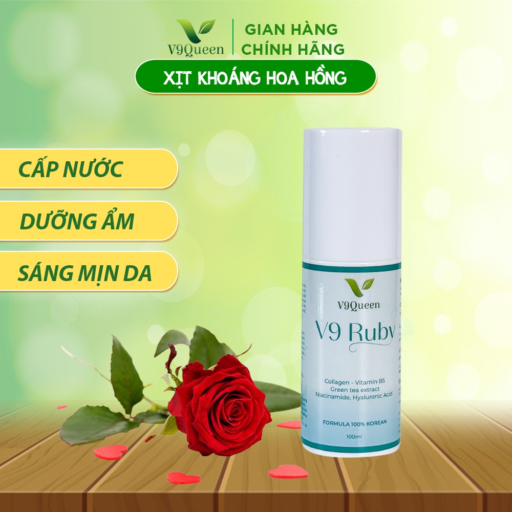 Nước hoa hồng V9Queen, xịt khoáng cấp ẩm dưỡng trắng da, kiềm dầu giảm mụn - V9 Ruby 100ml