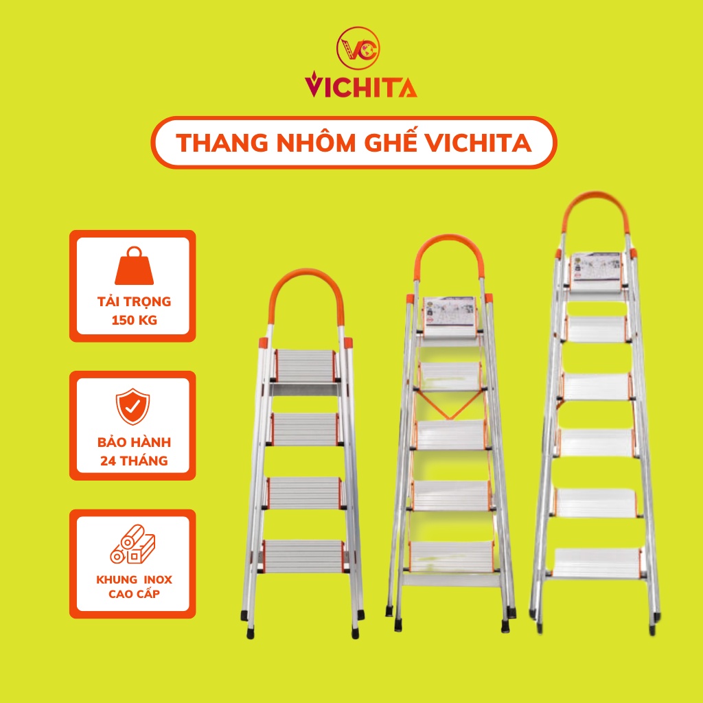 Thang Nhôm Ghế Tay Vịn VICHITA 3-4-5-6-7 Bậc - Thang Xếp Gọn Tiện Lợi, Khung Inox Chắc Chắn