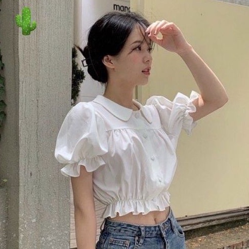 Áo sơ mi bèo cổ sen CROPTOP nút bọc dễ thương PCA❤