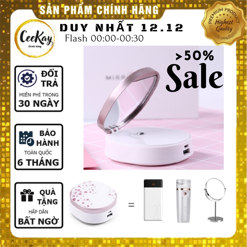 Máy phun sương nano mini tạo độ ẩm cầm tay đa năng 3in1 kết hợp gương mini trang điểm và sạc dự phòng MIRROR chính hãng