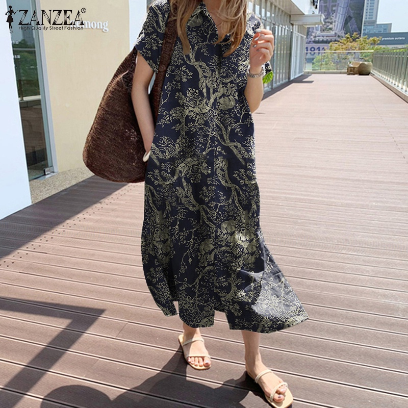 Đầm nữ cotton ZANZEA tay ngắn in họa tiết vintage