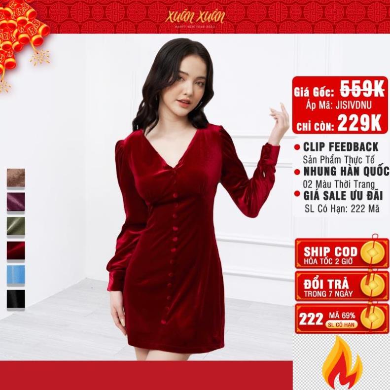 Đầm noel giáng sinh nhung dài tay ôm body nữ ngắn trên gối quyến rũ đi tiệc party bar De'prom N.VA2-01 - jisilk -JB8