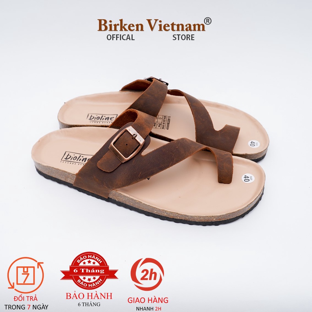 MÃ DK24 Sandal DA BÒ Đế Trấu Lót PU Chống Nước Quai Chéo Tách Ngón Unisex Birken Vietnam Bioline
