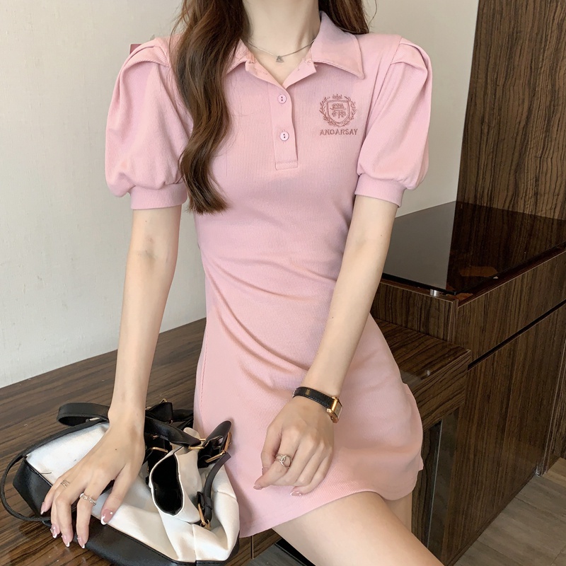 SUXI Đầm Mini Tay Phồng Cổ POLO Màu Trơn Ngọt Ngào Thời Trang Mùa Hè
