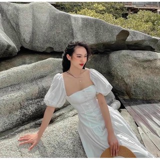 Đầm midi trắng cổ vuông nút bọc tay phồng đuôi freesize đi biển đi du lịch