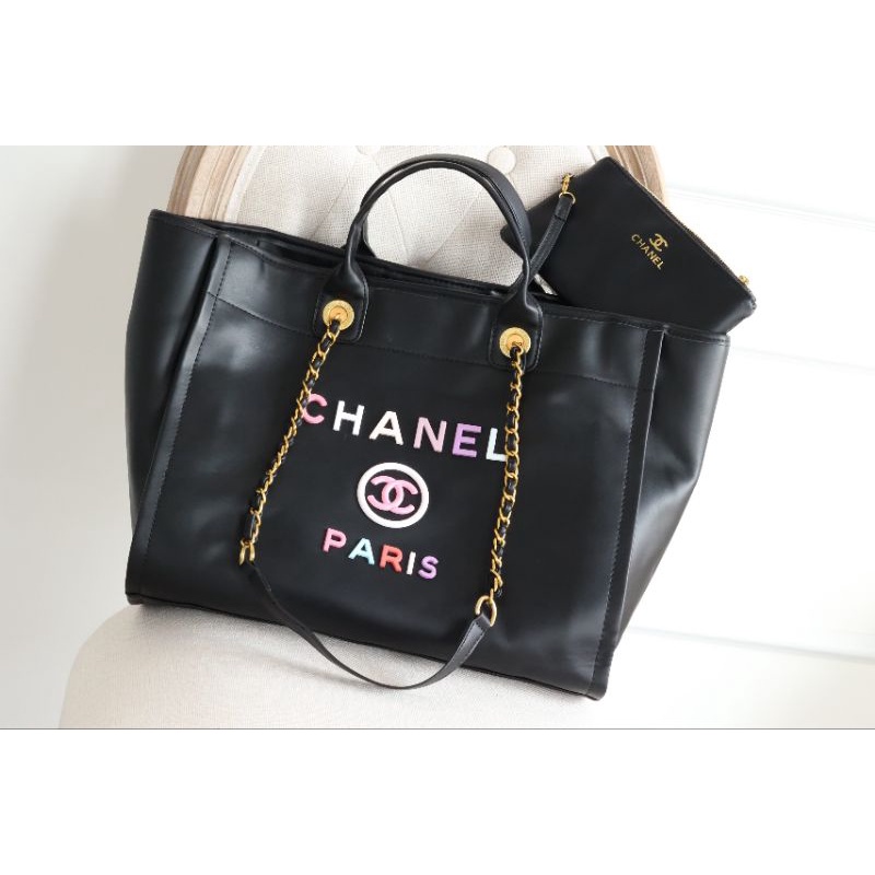 Túi xách nữ đeo chéo big size to shopping chữ logo pha màu đen kèm ví nhỏ như hình