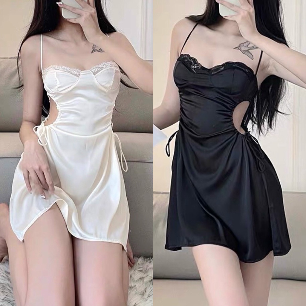 Đầm ngủ 2 dây cúp ngực dáng suông khoét eo màu kem, đen vải lụa phối ren mềm mịn NG035 - NoGi Sleepwear