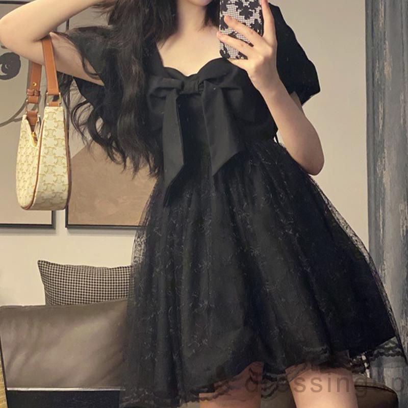 DRE-Ladies Casual Short Dress, Sweet Style Solid Color Square Collar Mesh Splicing Puff Short Sleeve Bow Dress