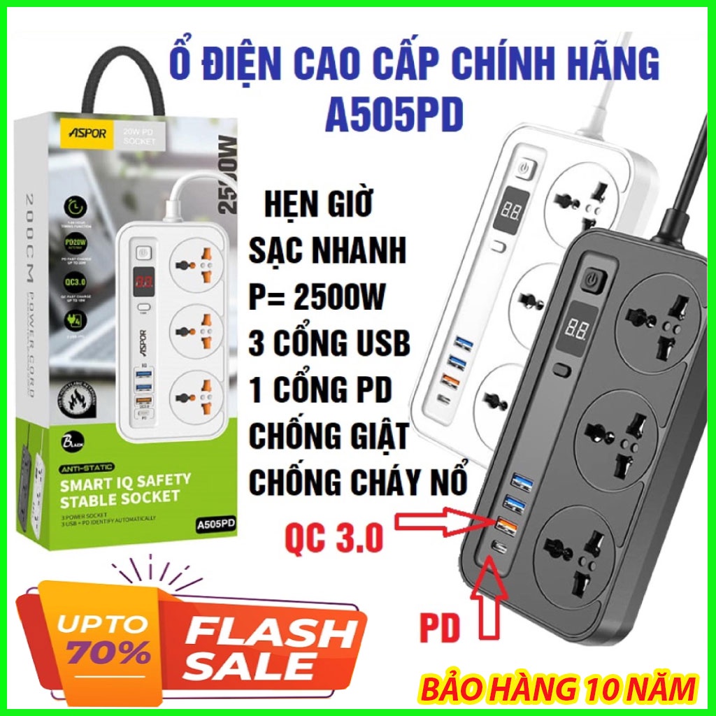 Ổ Cắm Điện Thông Minh Chống Giật ASPOR A505PD, Ổ Điện Đa Năng 3 Cổng Cắm 250V 3 Cổng USB 1 Cổng PD 20W, Dây dài 2m