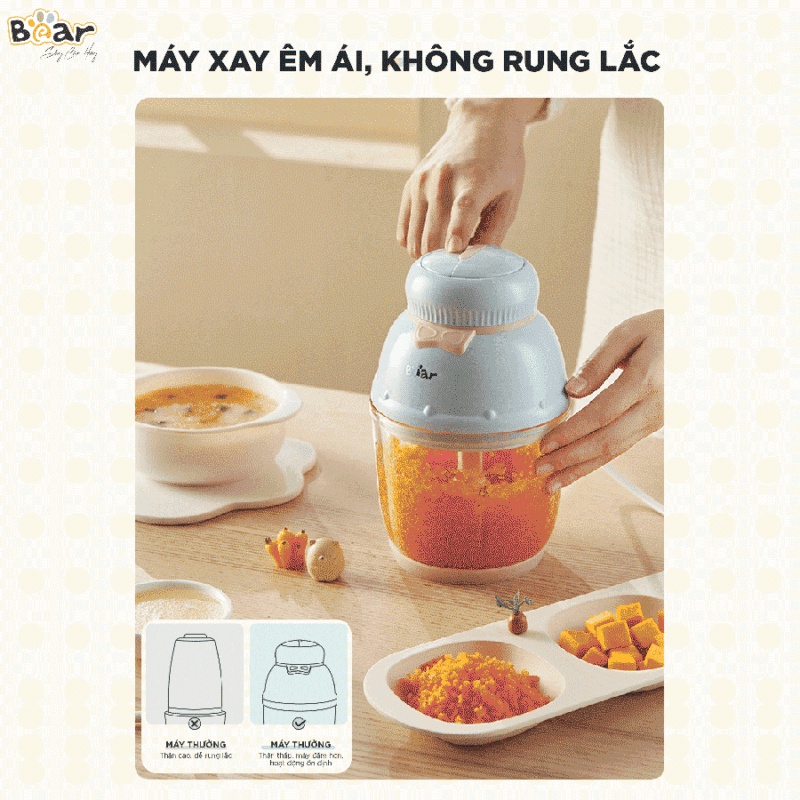 Máy xay ăn dặm mini đa năng cho bé ăn dặm 0.6L Bear QSJ-C02K1, 2 mức độ xoay, cối thủy tinh, lưỡi dao innox không gỉ