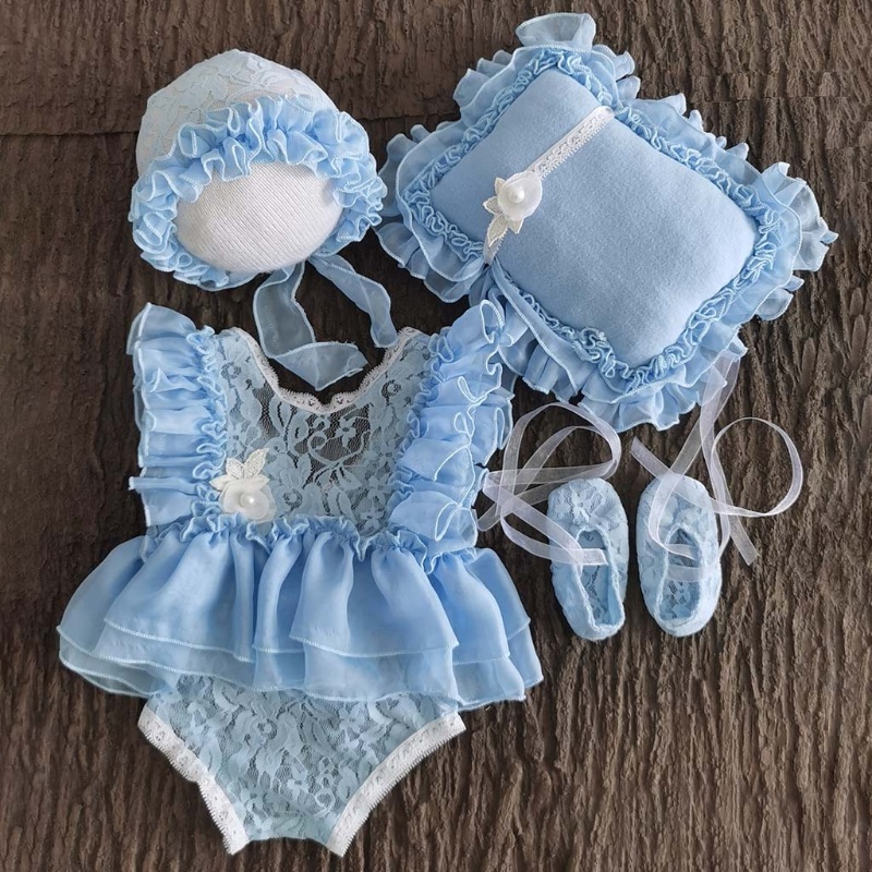 Bộ 5 Món Gồm Mũ + Gối + Liền Quần + Giày + Băng Cài Đầu Làm Phụ Kiện Chụp Ảnh Cho Bé Sơ Sinh