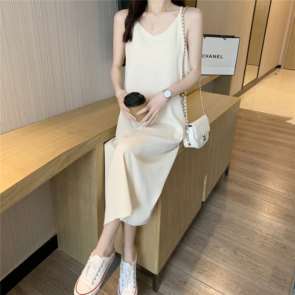 Xiaozhainv Đầm Midi Hai Dây Dáng Chữ A Lưng Cao Cổ Chữ V Chất Liệu Chiffon Phong Cách Hàn Quốc Cho Nữ