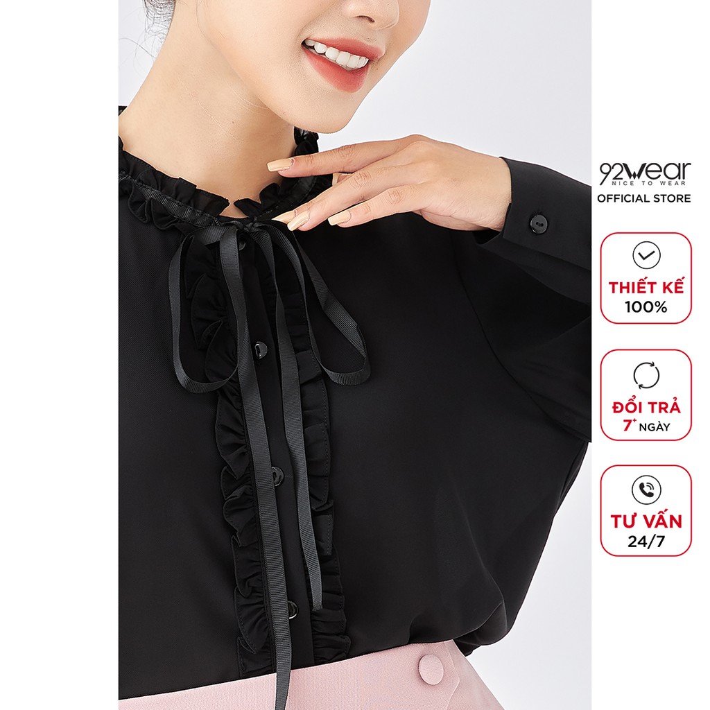 Áo sơ mi nữ form rộng 92WEAR dài tay cổ buộc nơ công sở ASA1624
