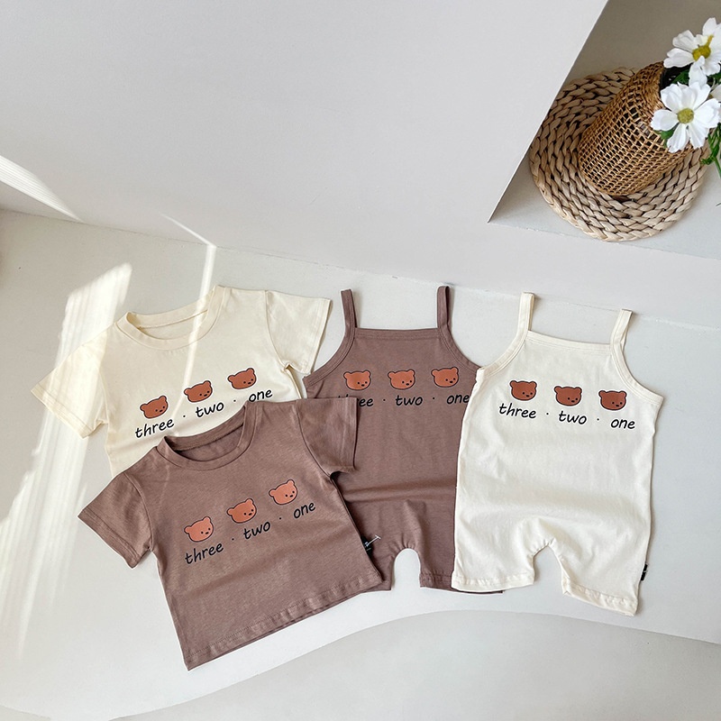 Bộ Áo Liền Quần Hai Dây In Hình Gấu Dễ Thương Phong Cách Hàn Quốc Thời Trang Mùa Hè Cho Bé Trai / Gái
