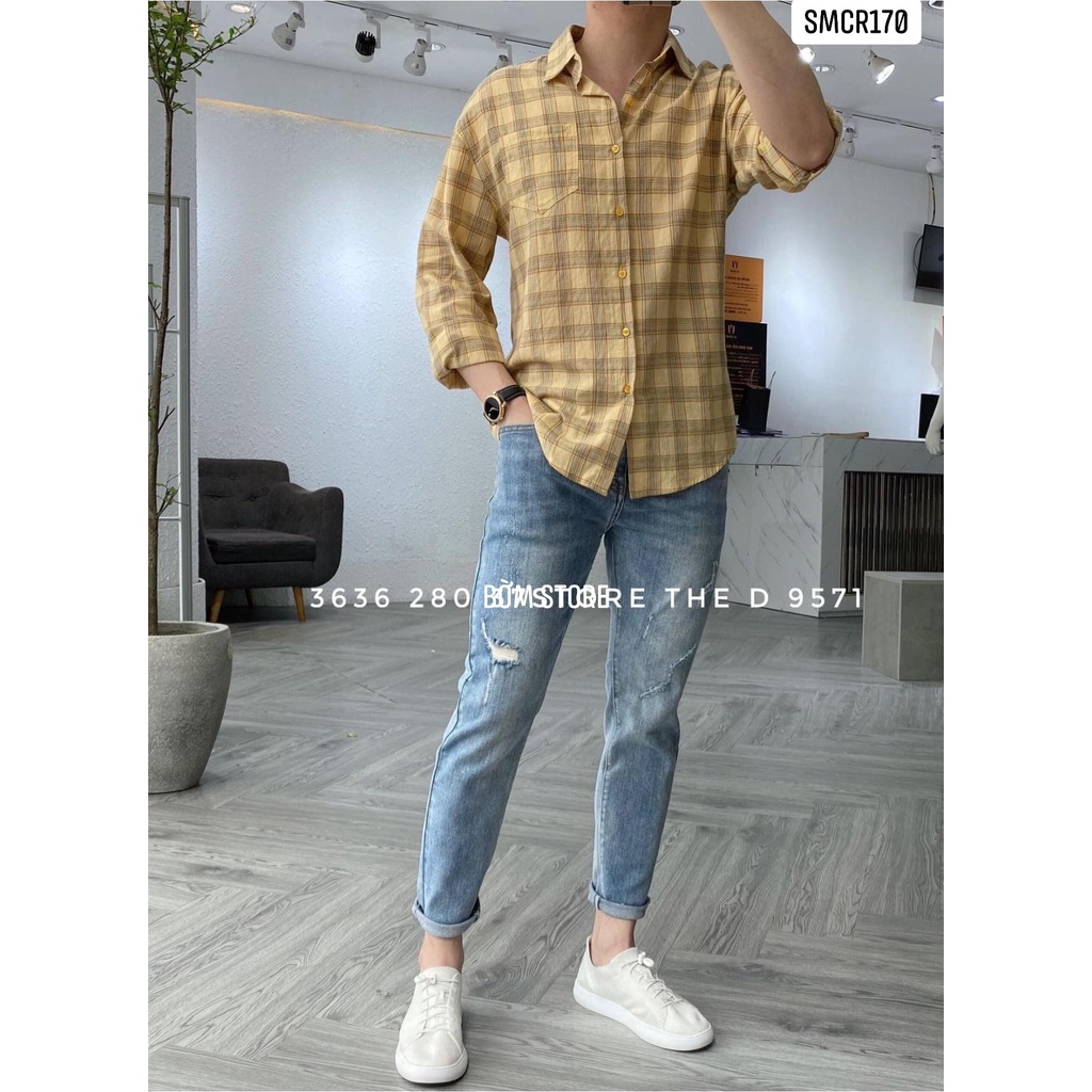 Bờm Store - Áo Sơ Mi Caro Nam Vàng cát sọc 170