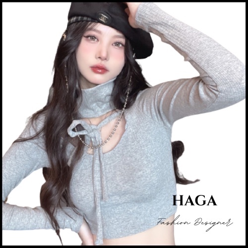 Áo croptop tay dài HAGA áo thun cổ lọ buộc nơ ACLBN58