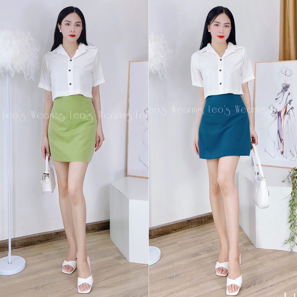 Set áo sơ mi croptop mix chân váy ngắn chữ A LEOSWEARING L408 L409