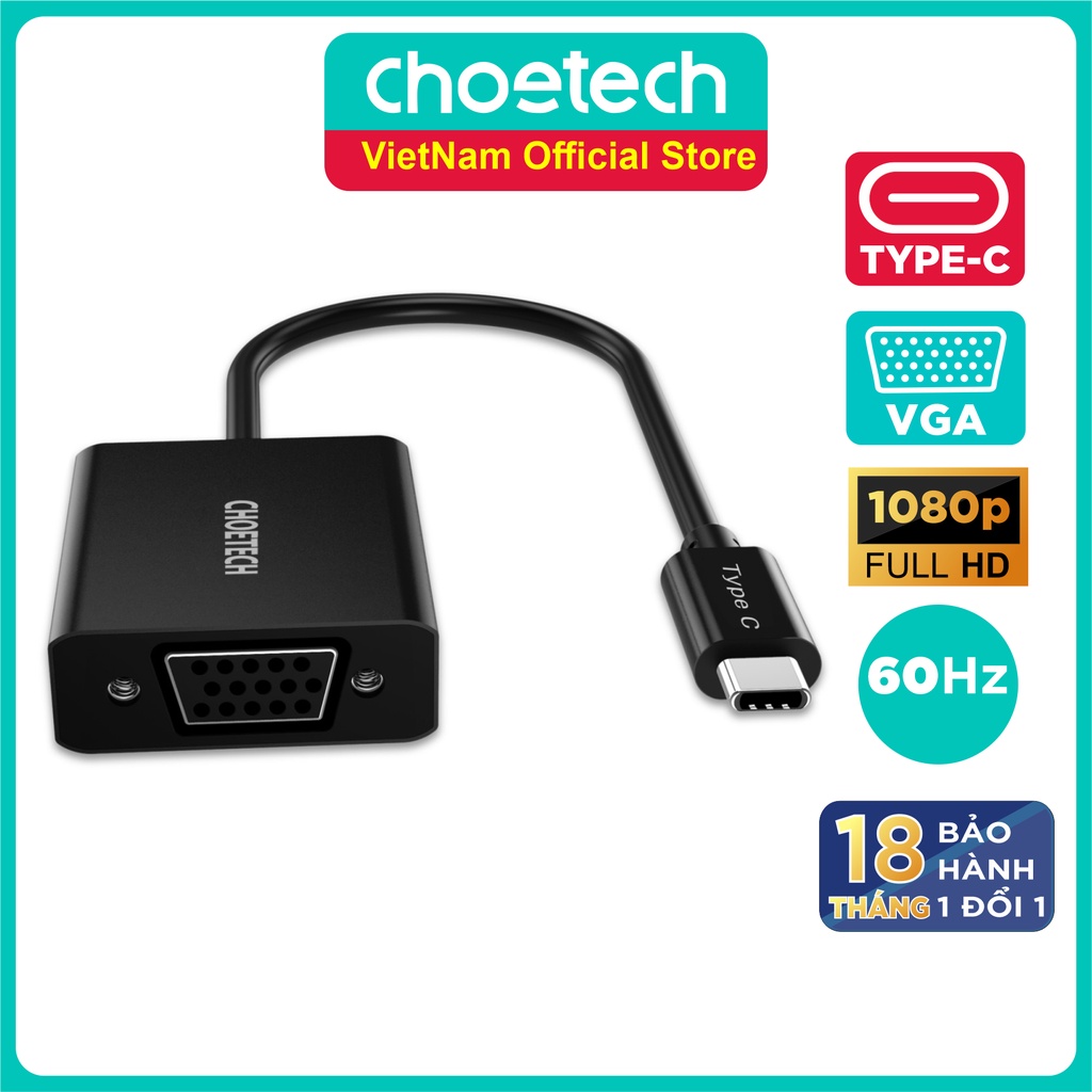 Hub Adapter Chuyển Đổi Cổng USB Type C To VGA CHOETECH HUB-V01 1080P 60Hz - Hàng Chính Hãng