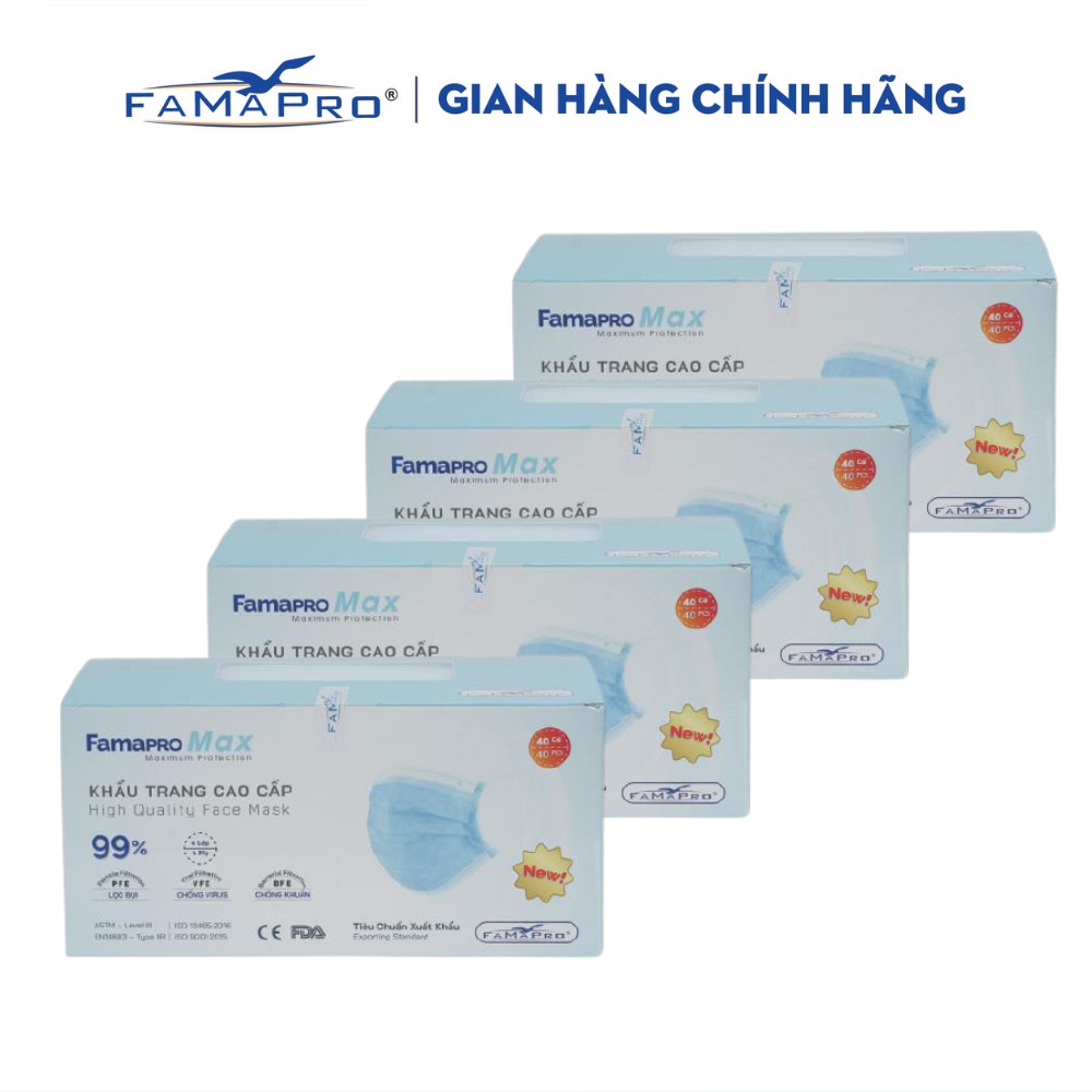 [HỘP-40 CÁI-MÀU XANH] COMBO 4 HỘP Khẩu trang y tế cao cấp kháng khuẩn 4 lớp Famapro Max | BigBuy360 - bigbuy360.vn