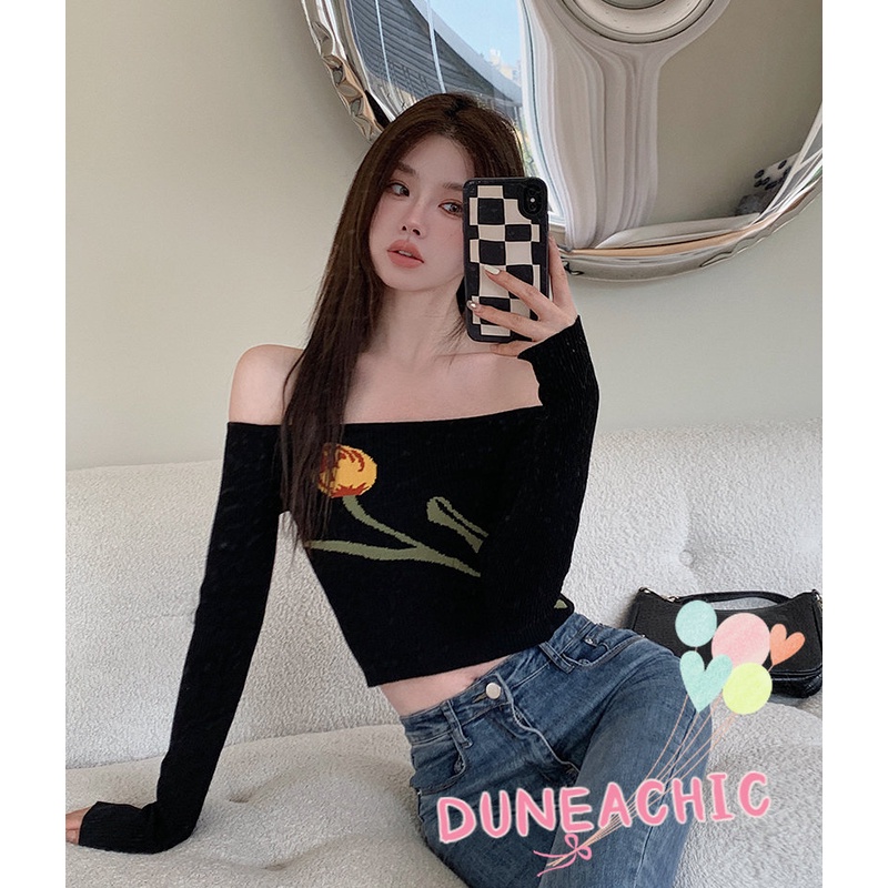 DUNEA Áo Croptop Dệt Kim Tay Dài Trễ Vai Thiết Kế Quyến Rũ Cho Nữ