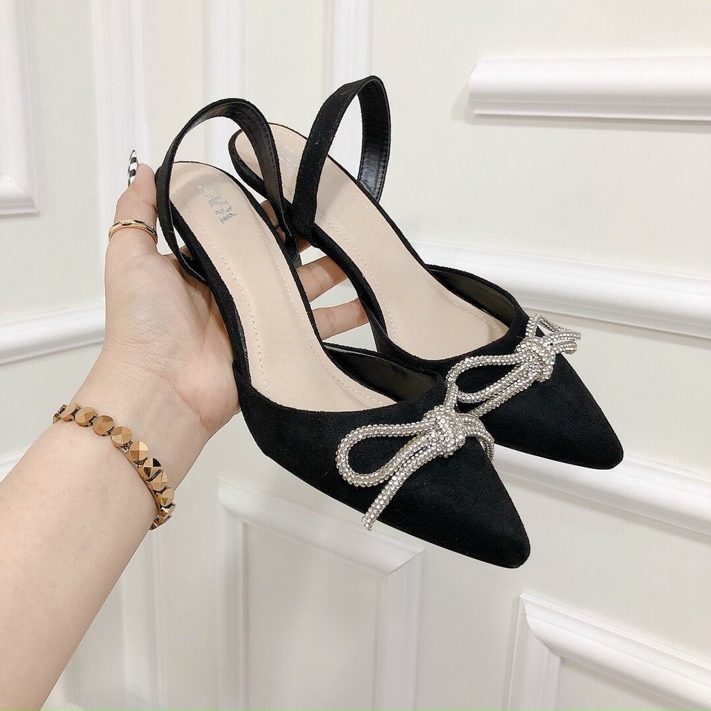 Sandal Cao Gót Nữ 7p Mũi Nơ Xoàn Đá [ Hình Thật ] Chất Da Lộn Chuẩn Đẹp - Sục Nơ Quai Hậu Gót Nhọn Chị Chảnh Store