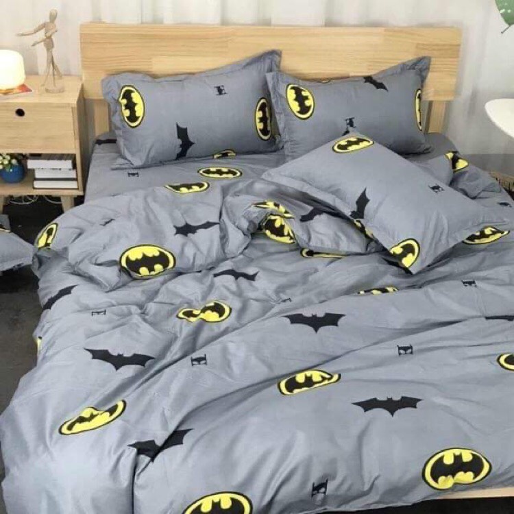 (HOT HOT) Bộ 5 món vỏ chăn, drap, 3 vỏ gối mẫu Batman chất poly cotton loại đep, ga bo chun kiểu Hàn, vỏ bọc ngoài mền k