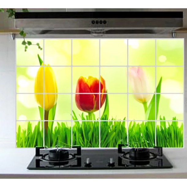 Decal dán bếp tráng nhôm cách nhiệt size lớn - cỏ và 3 bông tulip